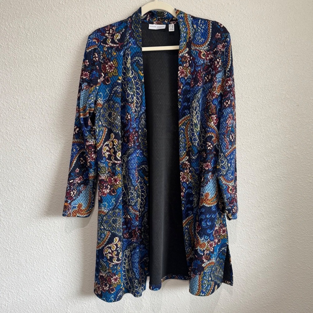 Susan Graver Paisley Print Open Front Cardigan Duster Blue XLP Liquid Knit Boho